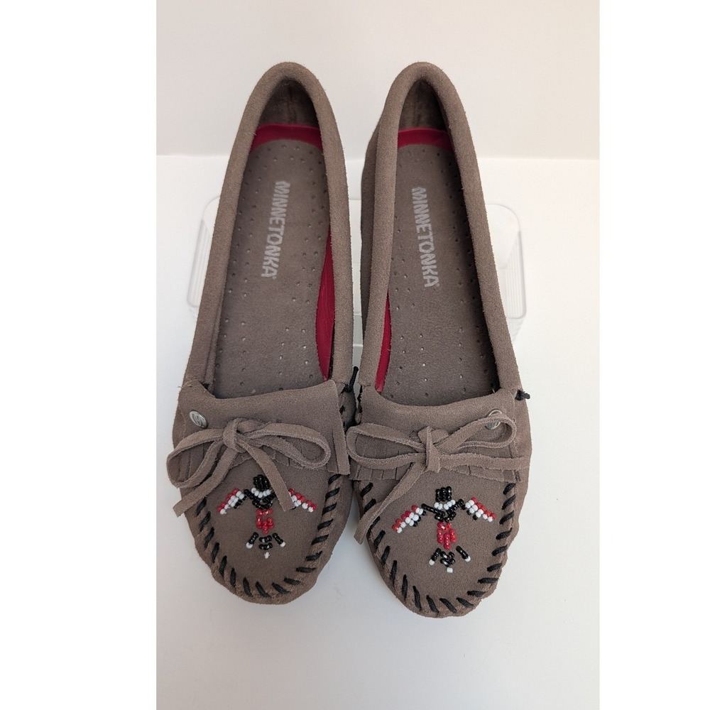 Minnetonka Thunderbird II Taupe Suede Beaded Moccasin Flats 601TB Womens 6.5